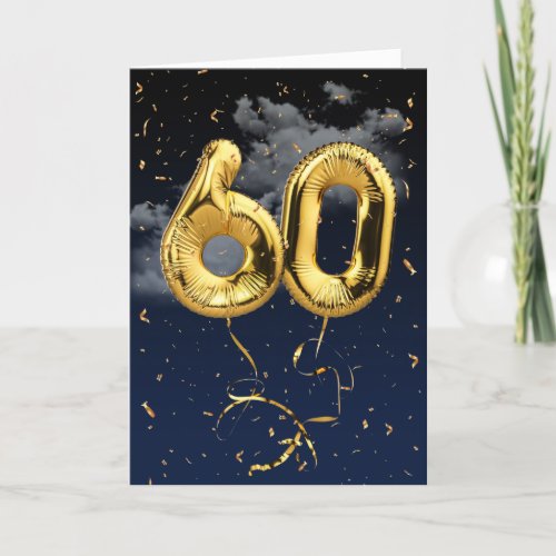 60th Birthday Gold Mylar Balloon and Confetti Card