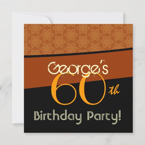 60th Birthday Gold Orange Black Pattern Invitation