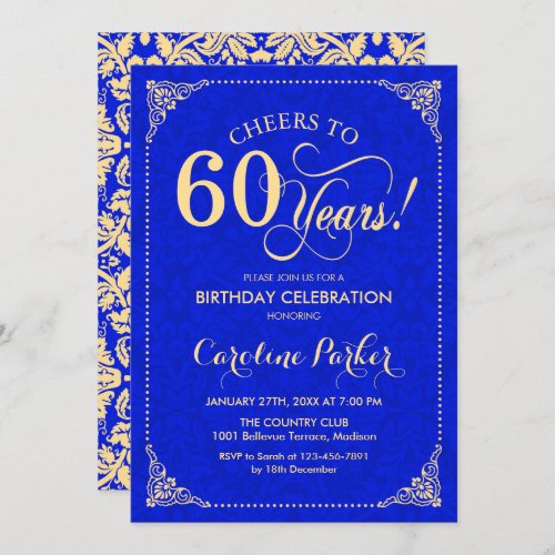 60th Birthday _ Gold Royal Blue Damask Invitation