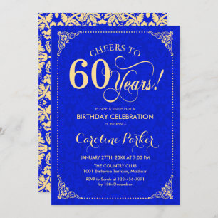 60th Birthday - Gold Royal Blue Damask Invitation