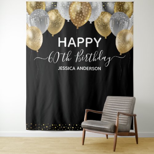 60th Birthday Gold Silver Black Balloons Tapestry