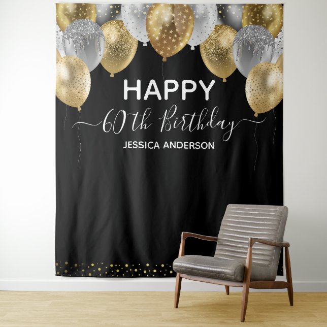 60th Birthday Gold Silver Black Balloons Tapestry (In Situ)