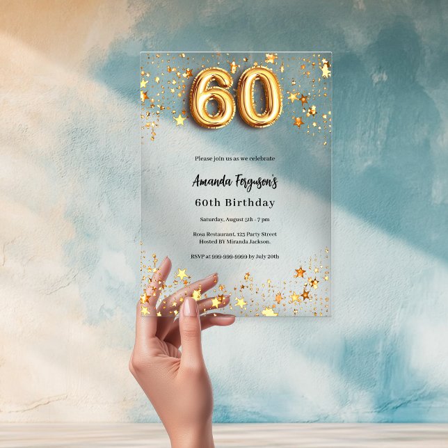 60th birthday gold stars clear acrylic invitations (Creator Uploaded)