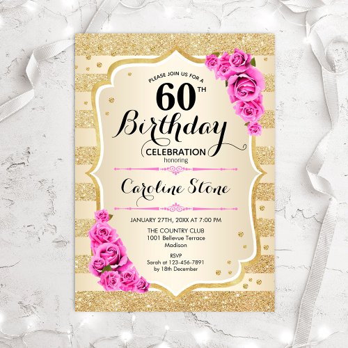 60th Birthday _ Gold Stripes Pink Roses Invitation
