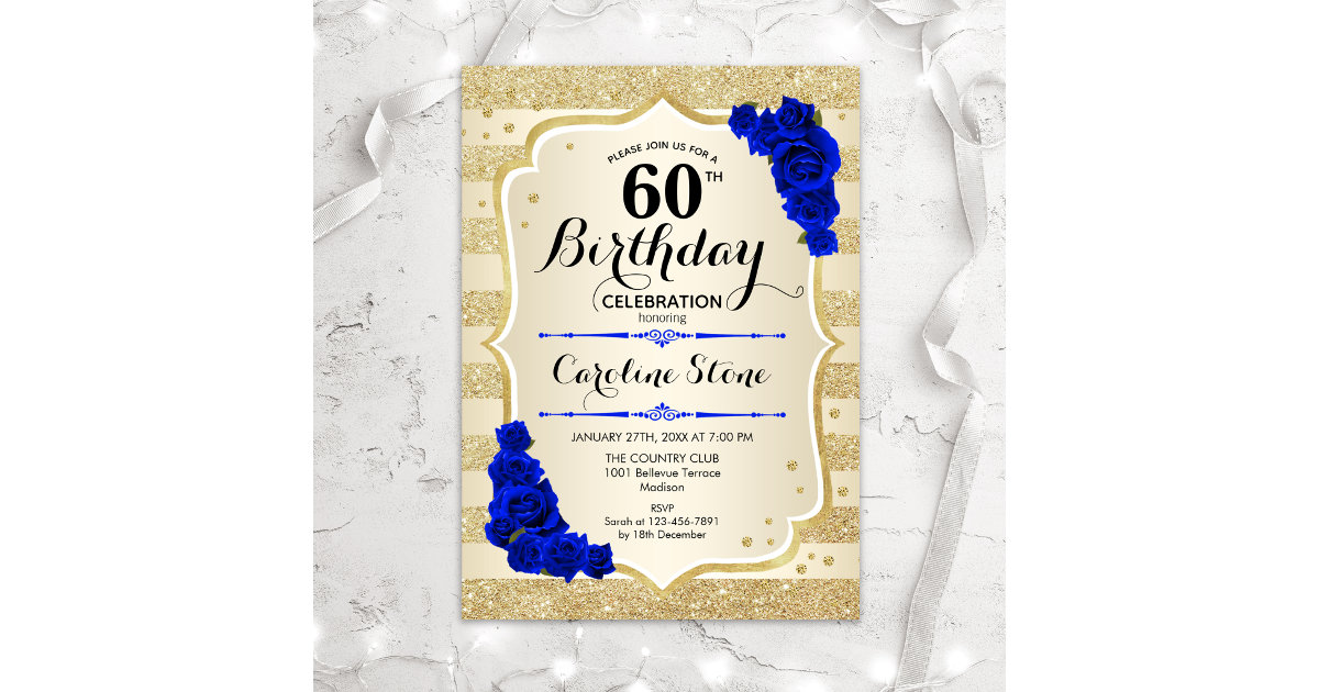 60th Birthday - Gold Stripes Royal Blue Roses Invitation | Zazzle
