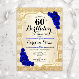 60th Birthday Gold Stripes Royal Blue Roses Invitation