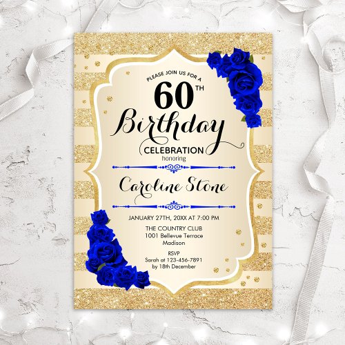 60th Birthday _ Gold Stripes Royal Blue Roses Invitation