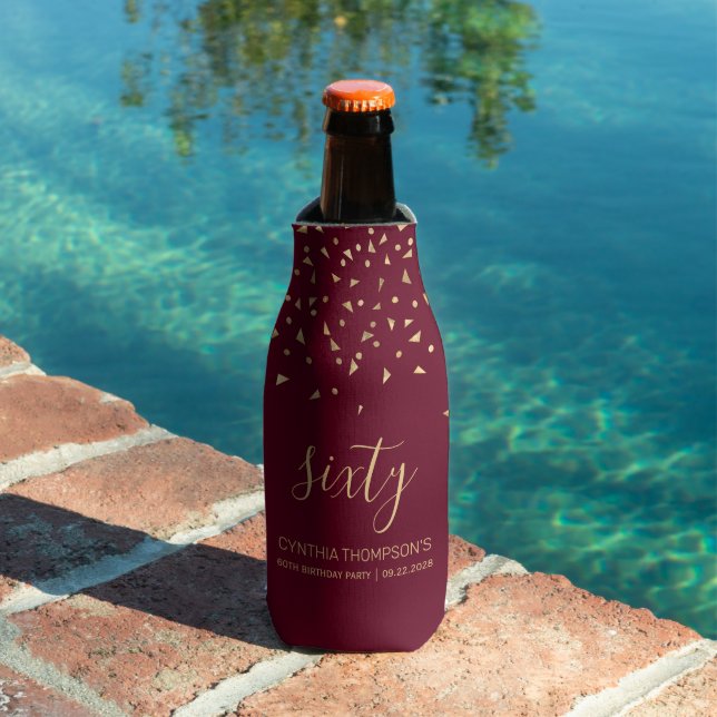 60th Birthday Gold Triangle Confetti Burgundy Bottle Cooler (In Situ Pool)