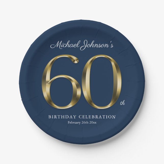 60th Birthday Gold Typography Navy Blue Custom Paper Plates (Front)