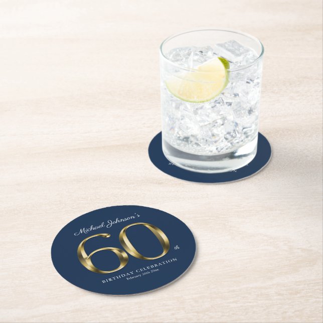 60th Birthday Gold Typography Navy Blue Custom Round Paper Coaster (Insitu)