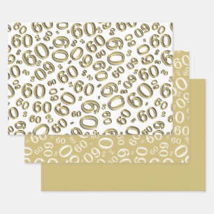 60th Birthday Gold & White Number Pattern 60 Wrapping Paper Sheets