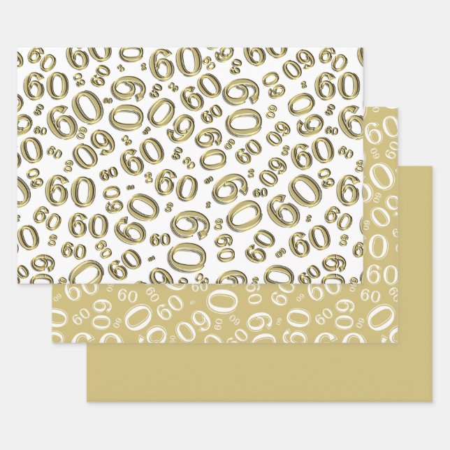60th Birthday Gold & White Number Pattern 60 Wrapping Paper Sheets (Set)