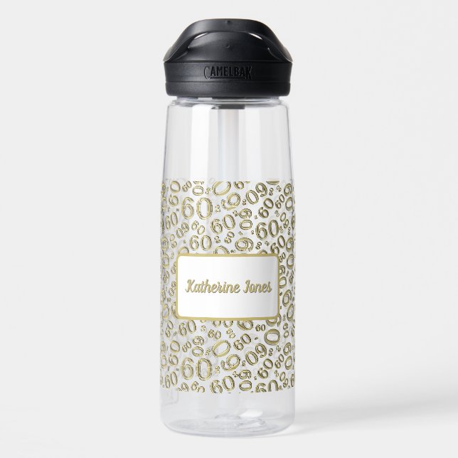 60th Birthday Gold & White Random Number Pattern Water Bottle (Back)
