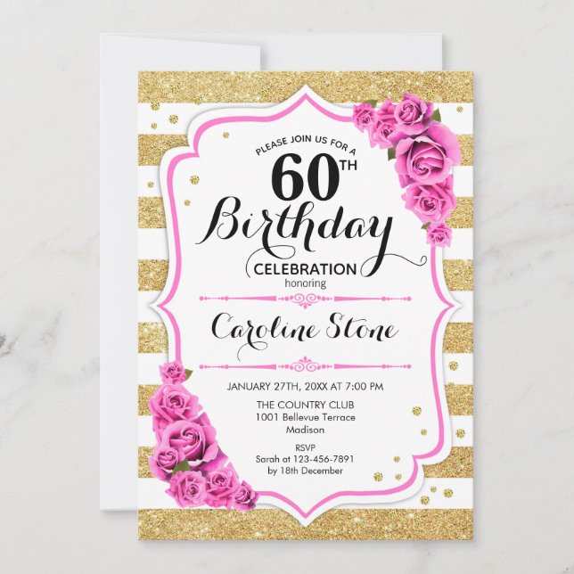 60th Birthday - Gold White Stripes Pink Roses Invitation (Front)