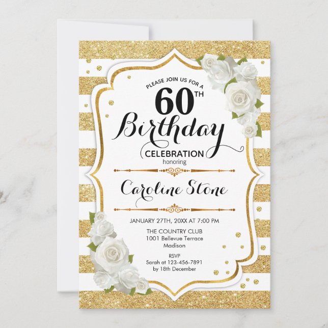 60th Birthday - Gold White Stripes Roses Invitation (Front)