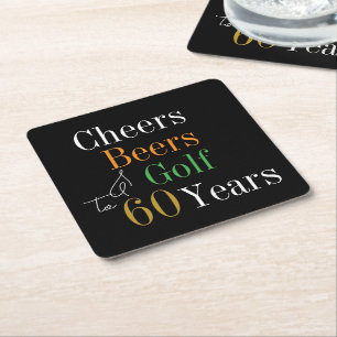 60th Birthday Golf Cheers Beers Black Gold Square Paper Coaster