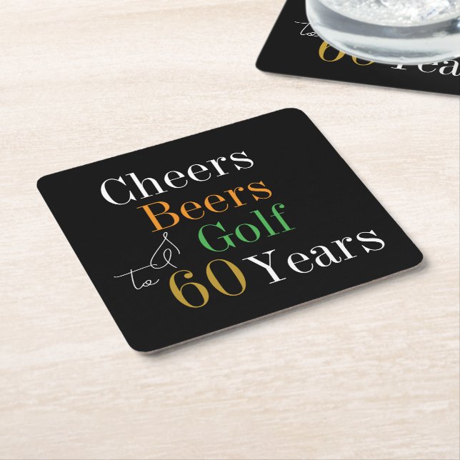 60th Birthday Golf Cheers Beers Black Gold Square Paper Coaster (Angled)