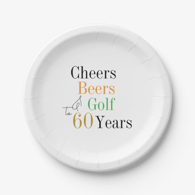 60th Birthday Golf Cheers Beers Minimal Party Paper Plates (Front)