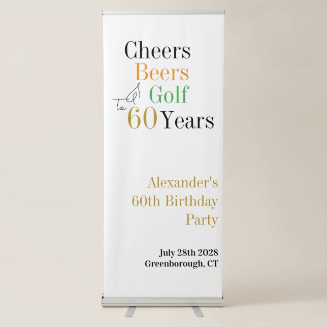 60th Birthday Golf Cheers Beers Minimal Party Retractable Banner (Front)