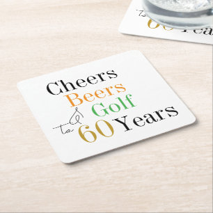 60th Birthday Golf Cheers Beers Minimal Party Square Paper Coaster