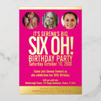 60th Birthday graphic pink gold foil photo circles Invitation