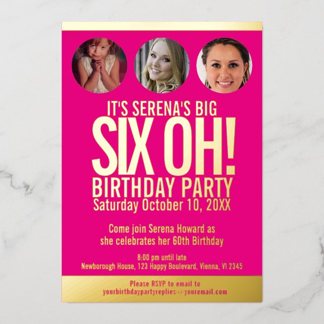 60th Birthday graphic pink gold foil photo circles Invitation (Front)
