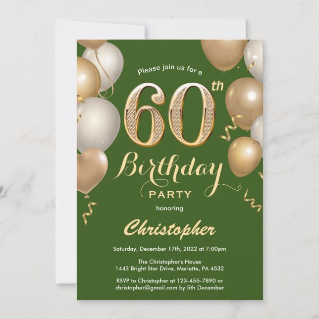 60th Birthday Green and Gold Balloons Confetti Invitation (Front)