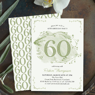 60th Birthday Green Dainty Wildflower Number 60 Invitation
