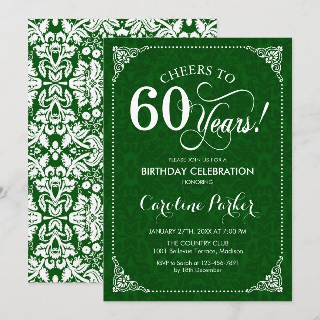 60th Birthday - Green Damask Invitation (Front/Back)