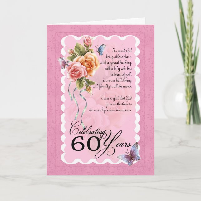 60th birthday greeting card - roses and butterflie (Front)