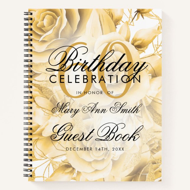 60th Birthday Guestbook Party Floral Gold  Notebook (Front)