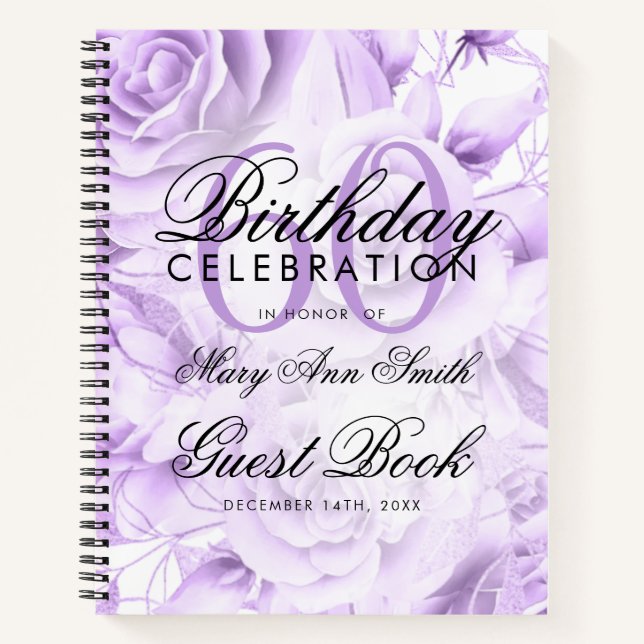 60th Birthday Guestbook Party Floral Purple  Notebook (Front)