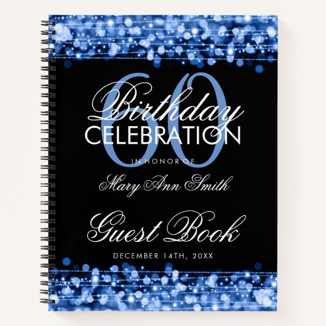 60th Birthday Guestbook Party Sparkles Blue Notebook (Front)