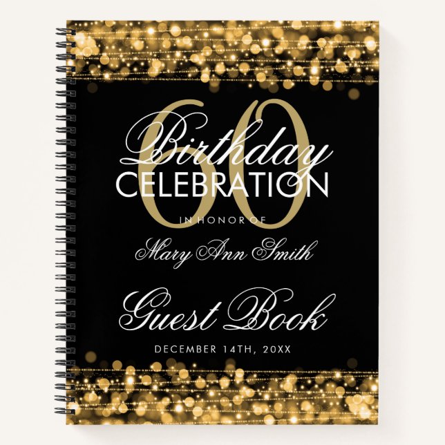 60th Birthday Guestbook Party Sparkles Gold Notebook (Front)
