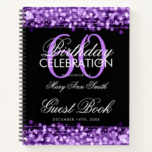 60th Birthday Guestbook Party Sparkles Purple Notebook