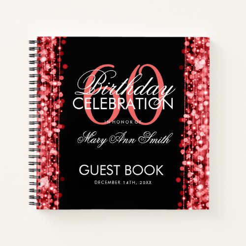 60th Birthday Guestbook Party Sparkles Red  Black Notebook