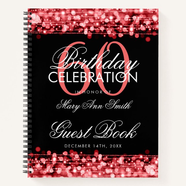 60th Birthday Guestbook Party Sparkles Red & Black Notebook (Front)