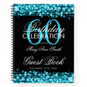 60th Birthday Guestbook Party Sparkles Teal Blue Notebook
