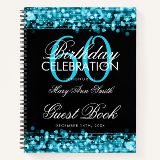 60th Birthday Guestbook Party Sparkles Teal Blue Notebook