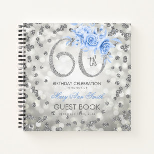 60th Birthday Guestbook Silver Blue Glam Lights Notebook