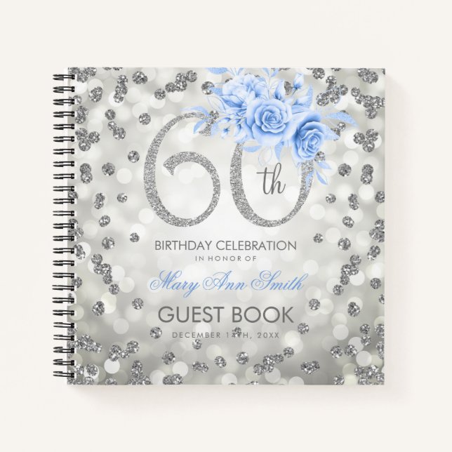60th Birthday Guestbook Silver Blue Glam Lights Notebook (Front)
