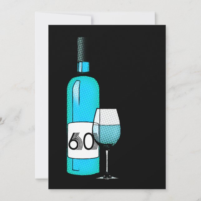 60th birthday : halftone wine bottle & glass invitation (Front)