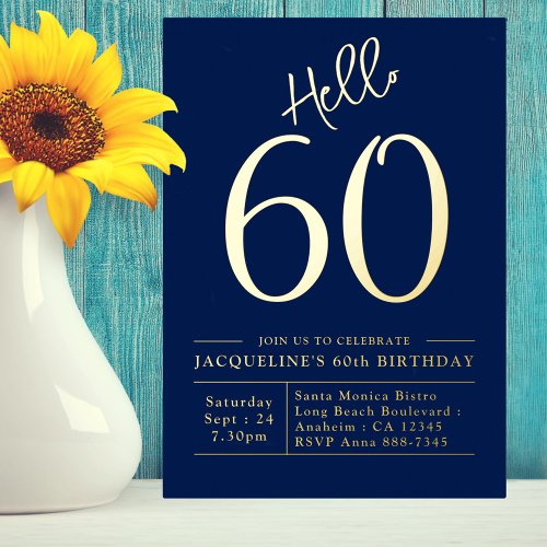 60th Birthday Hello 60 Blue Gold Foil Invitation