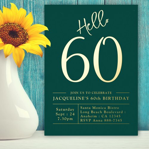 60th Birthday Hello 60 Green Gold Foil Invitation