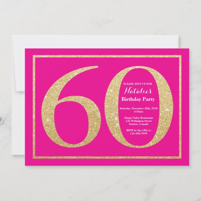 60th Birthday Hot Pink and Gold Glitter Invitation (Front)