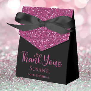 60th Birthday Hot Pink Glitter Black Thank You Favor Boxes
