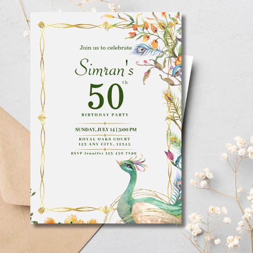 60th Birthday Indian Ethnic Green Gold Peacock Invitation