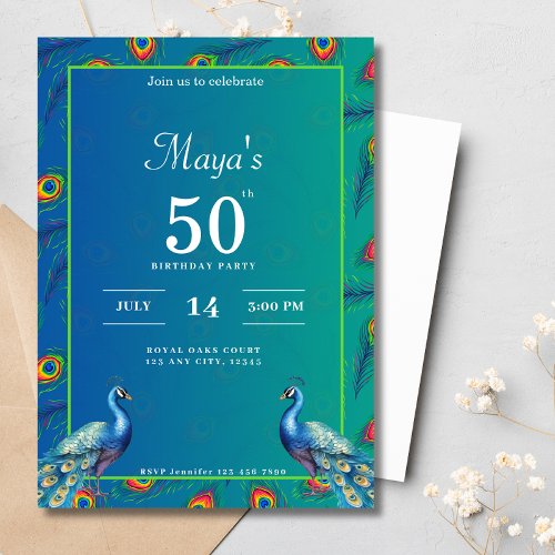 60th Birthday Indian Ethnic Green Gold Peacock Invitation