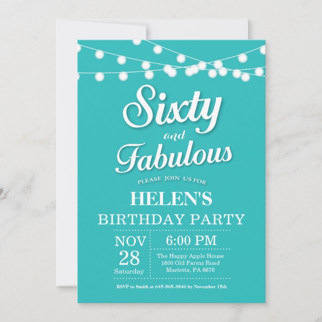60th Birthday Invitation Aqua Turquoise Fabulous (Front)