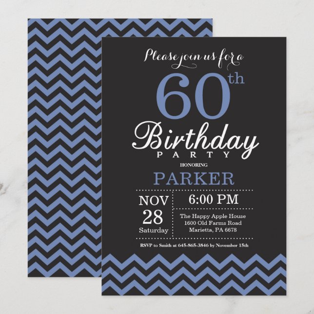 60th Birthday Invitation Black and Blue (Front/Back)